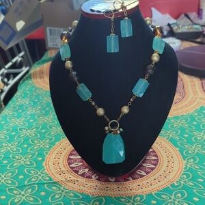 Blue and Gold Necklace and Earring Set Gorgeous Colors